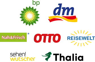 Logos von BP, dm, nah &amp; frisch, otto, Reisewelt, sehen! Wutscher und Thalia.